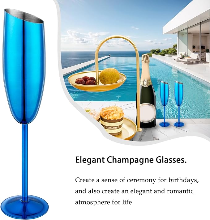 Champagne Flutes Set of 4, Premiumty Stainless Steel High Footed Champagne Glasses, 7oz Capacity,Unbreakable Slanted Champagne Glasses