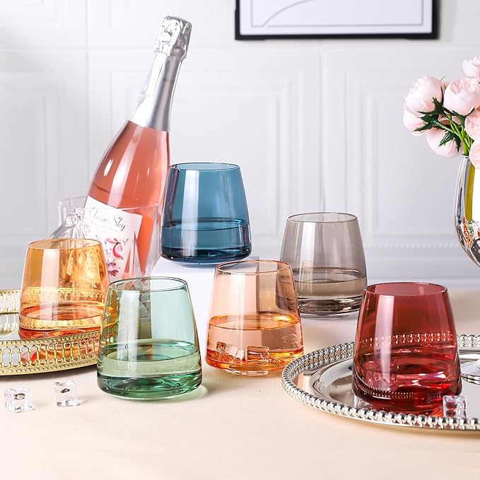 Stemless Colored Wine Glasses Set of 6-14oz Crystal Colorful Wine Glasses-Unique Hand Blown Muticolor Wine Glass Wedding gift set for wine lovers