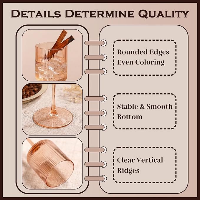 Pale Peach Colored Square Wine Glasses Set of 6, Ribbed Design Peach Crystal Glassware with Long Stem, 11.5oz Hand Blown Red & White Wine Stemware For Home Dinner Party Wedding Housewarming Gift