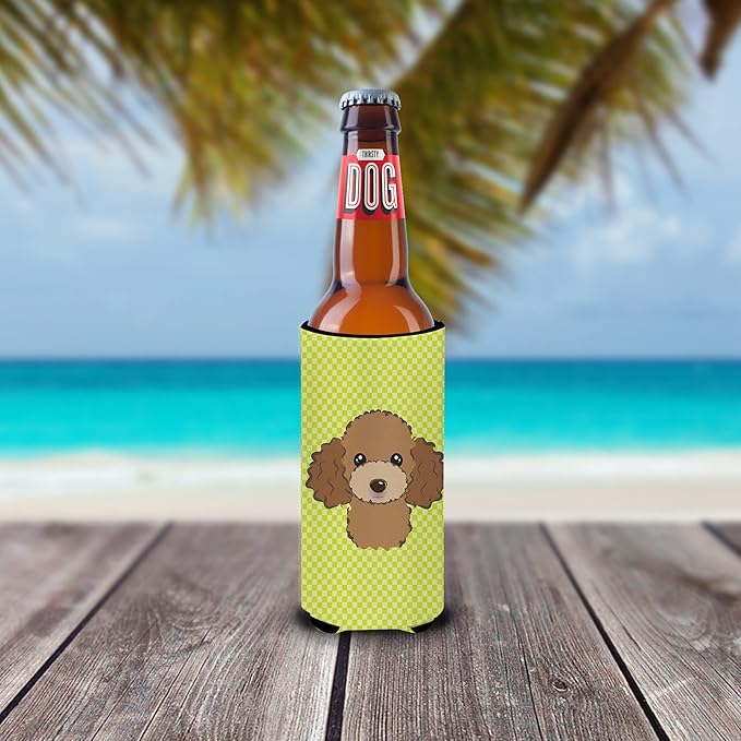Checkerboard Lime Green Chocolate Poodle Ultra Beverage Insulators for slim cans