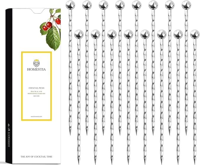 Homestia Silver Cocktail Picks, 16PCS Stainless Steel Twisted Martini Picks 4.3 Inch, Reusable Metal Drink Skewers for Cocktails, Olives, Appetizers, Barware Accessories