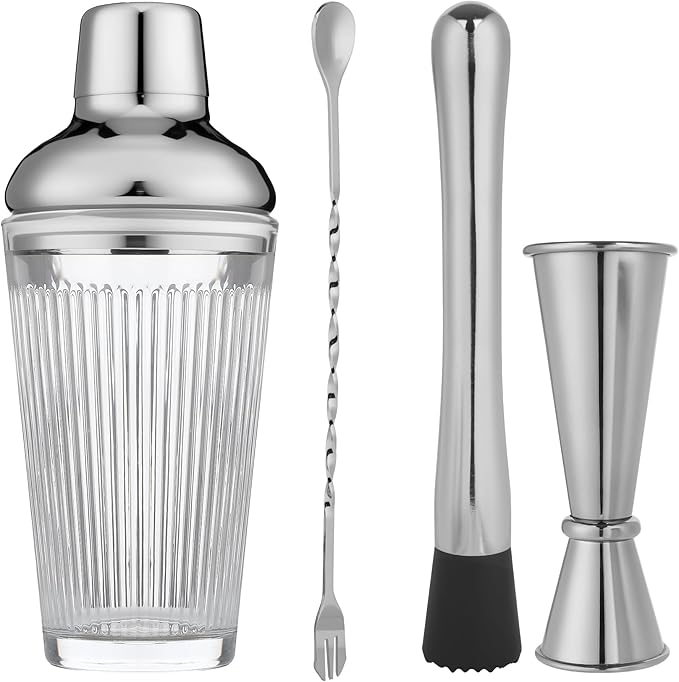 Silver Cocktail Shaker Set - Bartender Shaker Kit with Mixing Tools & Stainless Steel Strainer, Premium Bar Tool Set for Crafting Martinis & Whiskey Cocktails