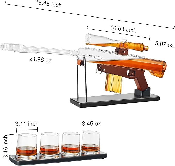 Large 18" Sniper Decanter, Gifts for Men Dad, Whiskey Decanter Set - Sniper Scope Glass Gun AR Limited Edition, Silencer Stopper - 22oz & 5oz Glasses - Birthday Gift - Drinking Party, Liquor, Vodka