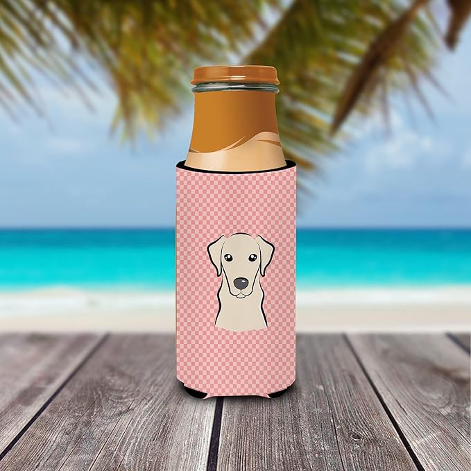 Checkerboard Pink Yellow Labrador Ultra Beverage Insulators for slim cans BB1222MUK