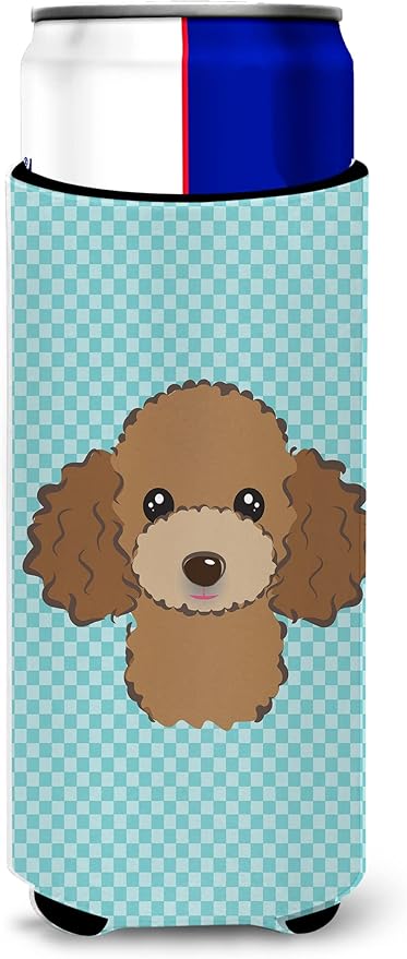 Checkerboard Blue Chocolate Brown Poodle Ultra Beverage Insulators for slim cans