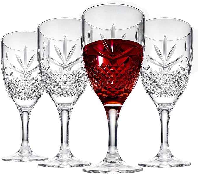 Shatterproof Tritan Stemmed Fancy Wine Glasses Goblets, Resalable | 4 Set | Clear Colors Crystal Glass Lookalike Crystal Acrylic Drinkware, Reusable Unbreakable BPA-free plastic, Outdoor & Indoor 11OZ