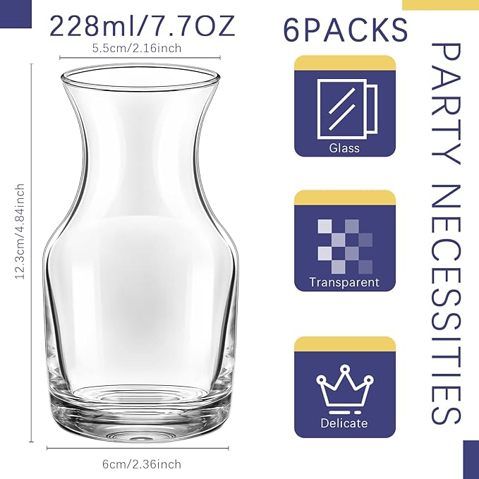 Remagr 6 Pack Single Serving Wine Carafe Glass Small Mini Carafe Individual Wine Refill Decanter for Dinner Parties Tastings Bars Restaurants (7.7 oz)