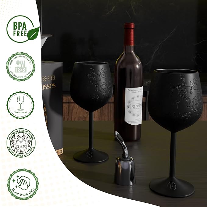 Mother’s Day Gift for Mom – Set of 2 Etched black Stainless Steel Wine Glasses, 17oz Engraved Goblets with Bottle Stopper, Unbreakable Elegant Wine Cups, Gift for Women, Wife, Mom, Sister
