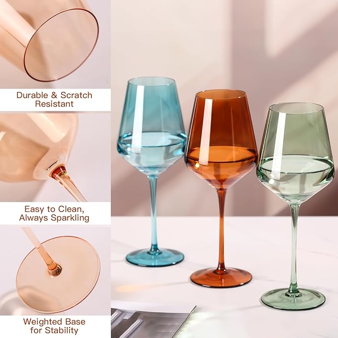 Colored Wine Glasses Set of 6, Handblown Colored Wine Glasse,Coloful Glassware,17OZ for Red or White Wine,Wedding Gift, Anniversary, Christmas, Birthday Wine Glass,Mothers Day Gifts,Gifts for My Wife