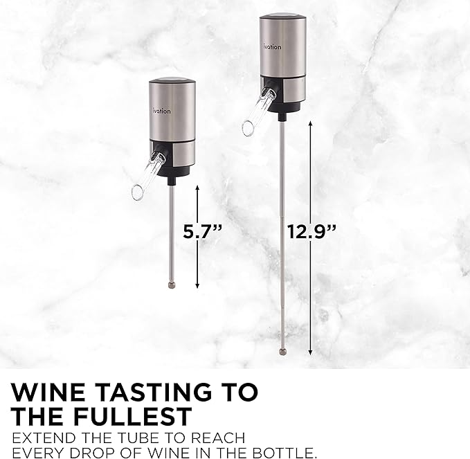 Ivation Stainless Steel Wine Aerator & Dispenser Set | Electric Battery-Operated Universal Wine Spout with Automatic Button Dispenser, Aeration Control, Stainless Steel Extension Rod & Storage Stand