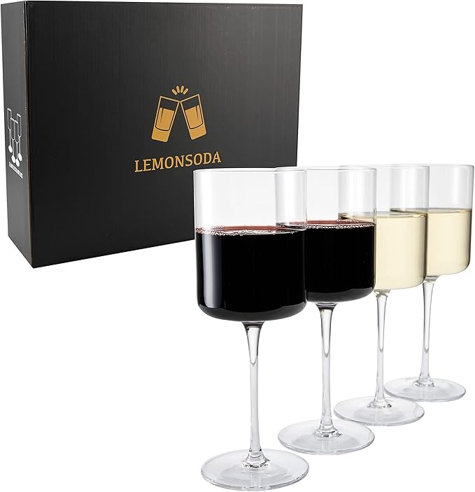 LEMONSODA Luxury Wine Glasses - Elegant Crystal Straight Edge Design - Enjoy Red or White Wine + Cocktails - 450ml (15oz) Lead-Free - Beautiful Housewarming Gift - Elegant Gift for Women (Set of 4)