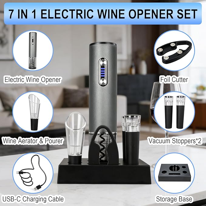 Electric Wine Opener, Automtic Wine Bottle Opener, USB-C Rechargeable Wine Opener Set with Foil Cutter, Wine Aerator Pourer, 2 Vacuum Stoppers and Storage Base