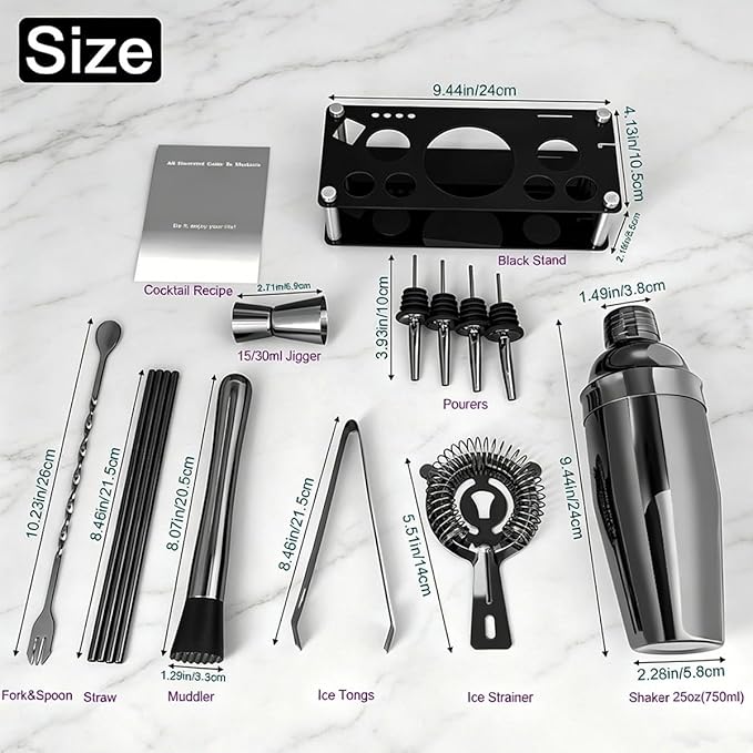 14-Piece Cocktail Shaker Set with Stand, Bartender Kit, 25oz Shakers, Bar Set Cocktail Shaker Set, Jigger for Bartending Kit, Drink Mixer Set, Cocktail Set Recipes Booklet Home, Bar, Party (Black)
