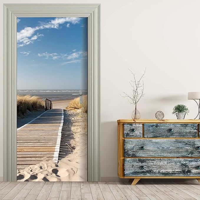 Door Wallpaper Self-Adhesive Poster 3D Picture - Bridge to The Sea Film Photo Premium PVC Waterproof Sticker Wall for Bedroom Living Room Decoration