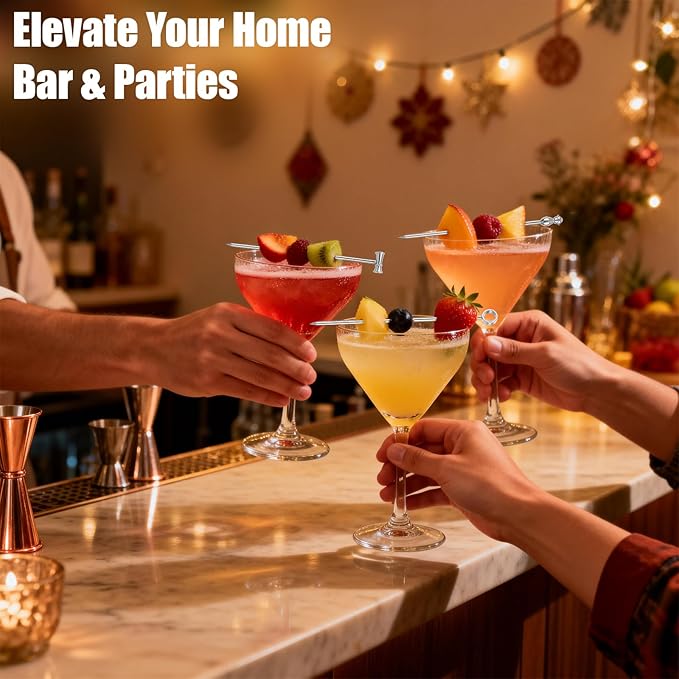 12PCS Metal Cocktail Picks for Drinks, Reusable Stainless Steel Martini Picks with Storage Bag, Dishwasher Safe Fancy Toothpicks for Appetizers & Olives, Bloody Mary Bar Supplies, Cocktail Skewers
