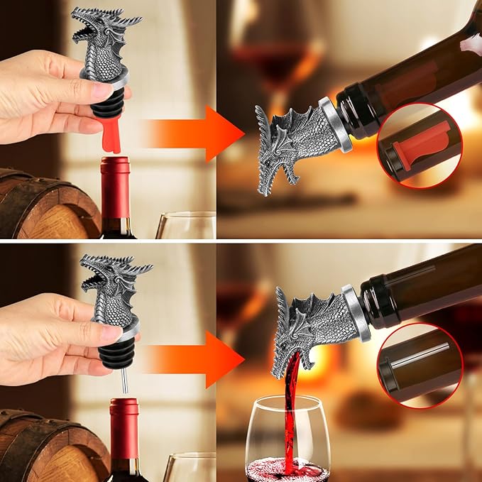 LKKCHER Dragon Head Liquor Pourers Spout for Alcohol Spirits, Dragon Gifts 2-In-1 Wine Bottle Pourer and Stopper for Men Women, Wine Accessories Gifts, Silver with Bag