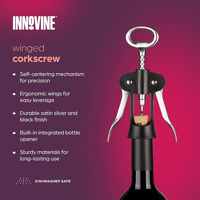 Innovine Winged Corkscrew – Self-Centering Wine Bottle Opener with Ergonomic Wing Levers, Satin Silver and Black Finish, Integrated Bottle Opener, and Durable Construction – Set of 1