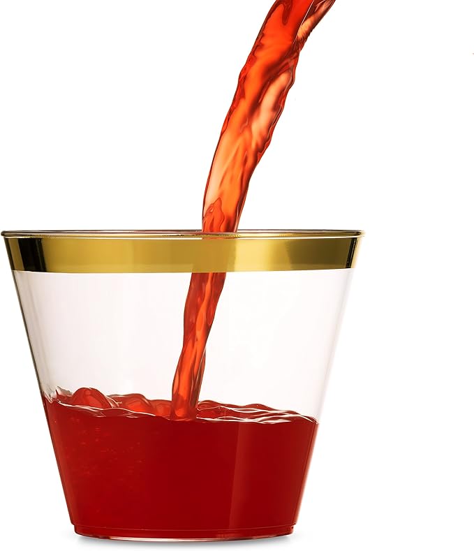 Munfix 100 9 Oz Clear Plastic Cups, Old Fashioned Tumblers, Fancy Disposable Wedding Cups, Elegant Party Cups with Gold Rim