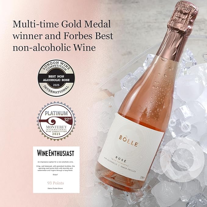 BOLLE Sparkling Rosé - Non Alcoholic Wine - Alcohol Free Sparkling Rose Wine with Fine Bubbles, Dry Red Berry Taste, Champagne Alternative, Zero Proof Champagne Style - 375ml