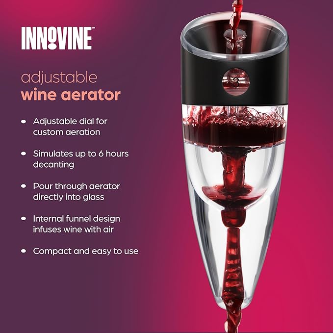 Innovine Red Wine Pro 4-Piece Wine Tool Gift Set – Adjustable Wine Aerator with Stand, Double-Hinged Corkscrew & Vacuum Wine Saver with Stopper – Complete Red Wine Opening, Aeration & Preservation Kit