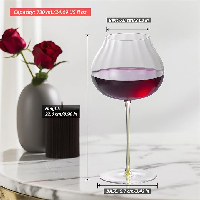 KAMMAK Wine Glasses Set of 2, 24.69 oz Hand Blown Crystal Bordeaux Wine Glasses, Thin Rim & Long Stem, Perfect for Red & White, Daily Use, Wedding or Birthday Gift with Gift Box, Onion Top Yellow