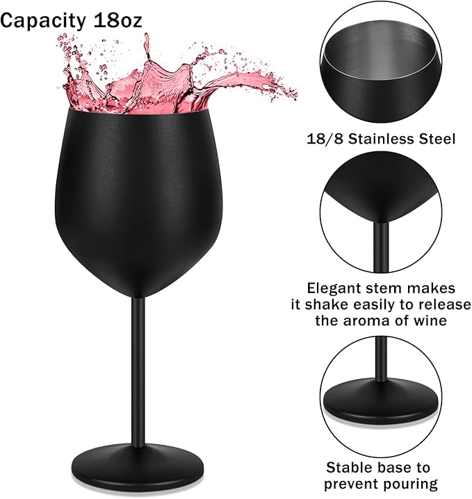 Lifecapido Stainless Steel Wine Glasses Set of 2, 18oz Stainless Steel Stem Wine Goblets, Stemmed Metal Wine Glasses with Cup Brush for Party Office Anniversary, Great for Red White Wine (Black)