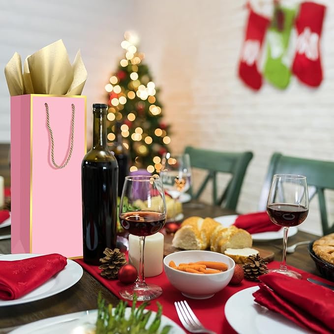 TaoBary 30 Pcs Wine Gift Bags and Gold Wrapping Paper Set Wine Bags for Bottle Bulk 4 x 5 x 13 Inch Champagne Gift Paper Sack with Handles for Valentines Galentines Day Wedding Party Anniversary