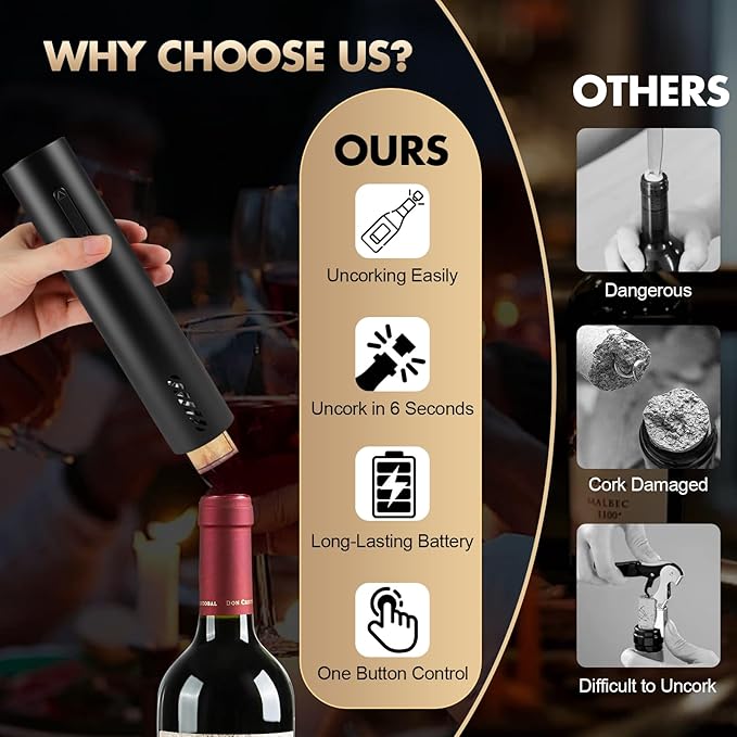 Electric Wine Opener, Rechargeable Battery Operated Wine Bottle Opener with Foil Cutter, One-click Corkscrew Remover for Home, Kitchen, Party, Wedding - Black