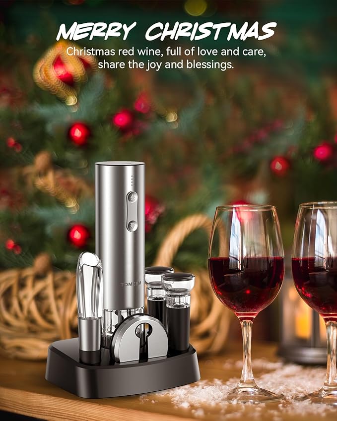 Rechargeable Electric Wine Gift Set - Aerator, Vacuum Stoppers, Foil Cutter and Bottle Opener for Home Bar and Outdoor Parties (Silver, Wine Opener Set)