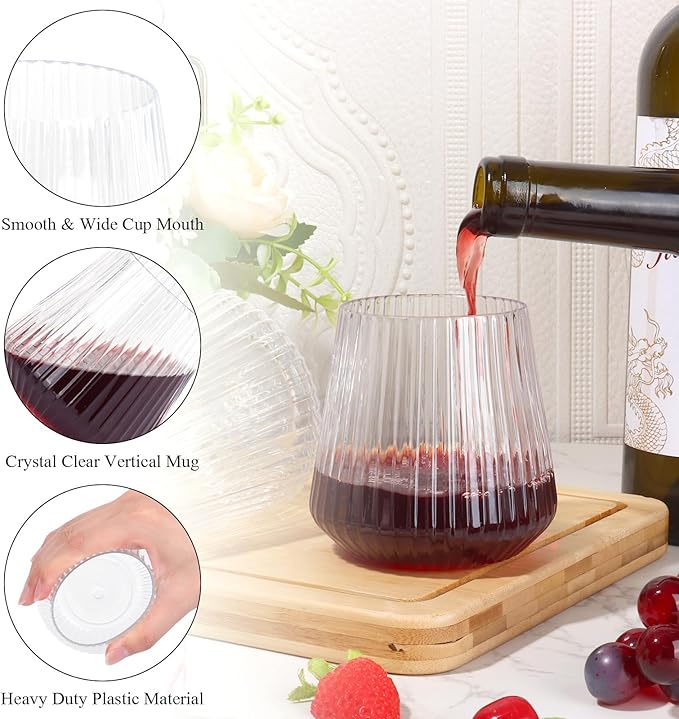 24 Pack Plastic Ribbed Wine Glasses, 14oz Stemless Disposable Wine Cups, Cute Clear Unbreakable Outdoor Cocktail Glasses, Heavy Duty Reusable Plastic Drinking Cup for Party Wedding Mimosa Bar