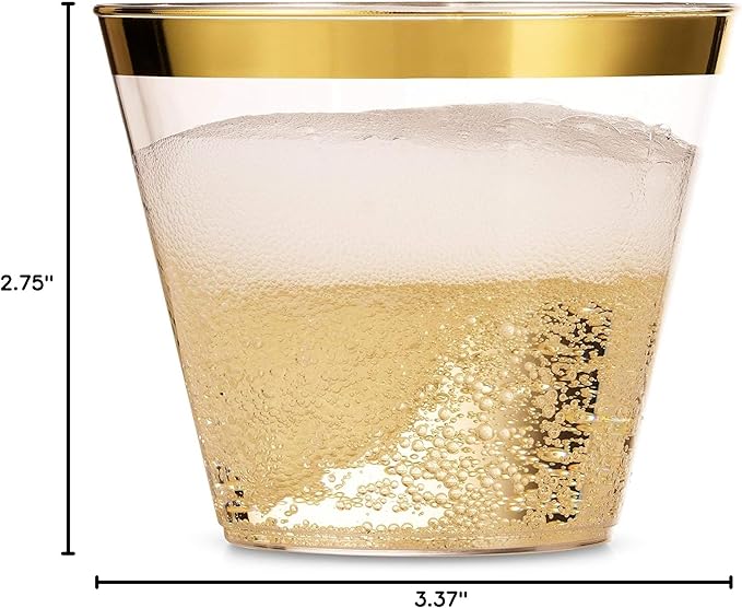 Munfix 100 9 Oz Clear Plastic Cups, Old Fashioned Tumblers, Fancy Disposable Wedding Cups, Elegant Party Cups with Gold Rim