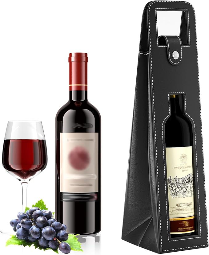 RYDDOY Wine Gift Bag, Reusable Leather Wine Tote Carrier, Single Bottle Champagne Beer Gift Bags Carrier for Birthday, Wedding, Picnic Party, Christmas festival Gifts (Black)