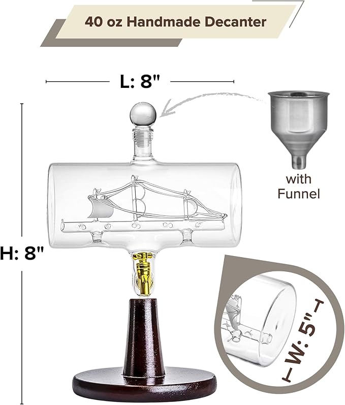 Whiskey Decanter Set for Men - 38 oz, Magellan Liquor Bottle with 2 Diamond Whiskey Glasses - for Alcohol, Wine, Bourbon, Brandy, and Scotch for Dad (Viking Ship)