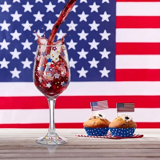 SiliFine 4 Pcs 4th of July Party Stemmed Wine Glasses Hand Painted USA Star Drinking Cup Wine Glasses Gifts for Independence Day Patriotic Theme Holiday Supplies