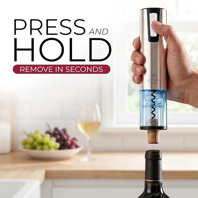 Zulay Kitchen Electric Wine Opener with Charging Base & Foil Cutter - Rechargeable Automatic Corkscrew Wine Bottle Opener for Natural & Synthetic Corks - Stainless Steel Silver