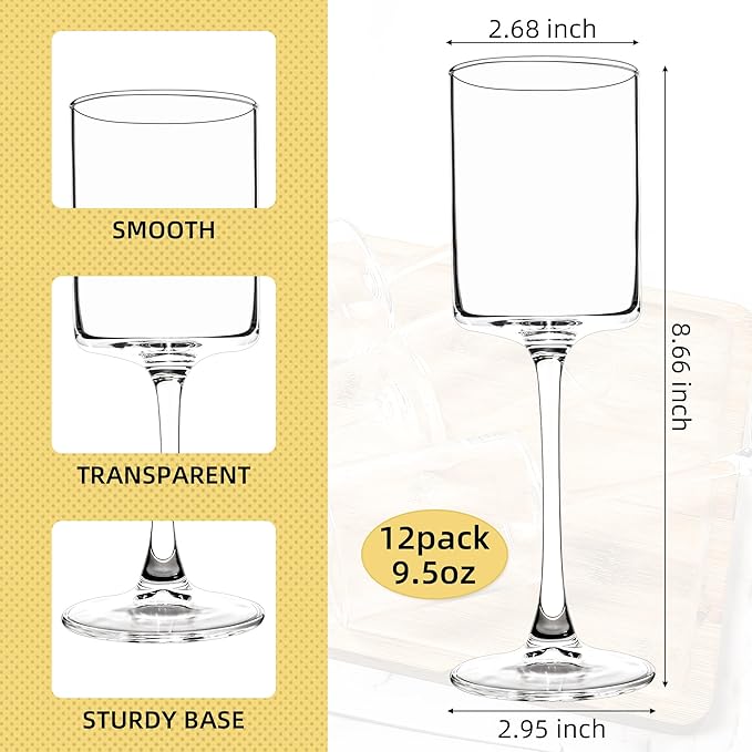 Elegant Square Wine Glasses Set of 12, All Purpose Red Wine Glasses for Birthday, Wedding, Party - 9.5 oz, Clear