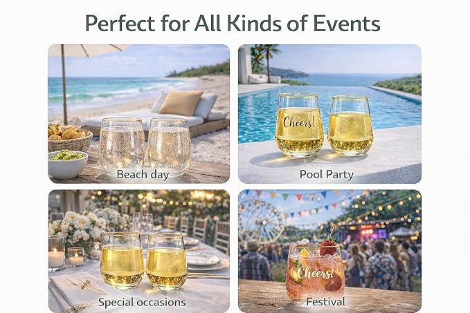 Plastic Wine Glasses Stemless Disposable 12 oz with Gold Rim - 30 Guests Party Drinkware Set, 30 Plastic Cups, 30 Napkins & 50 Cocktail Picks - BPA-Free, Shatterproof, Reusable, Recyclable