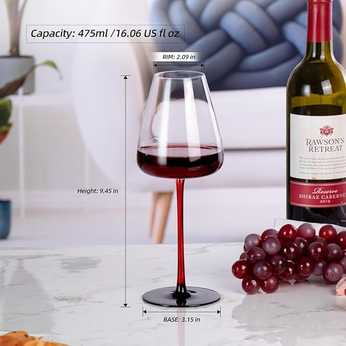 KAMMAK Wine Glasses Set of 2, 16.06 oz Hand Blown Crystal Bordeaux Wine Glasses, Thin Rim & Long Stem, Perfect for Red & White, Daily Use, Wedding or Birthday Gift with Gift Box, XH-H245 Black Base