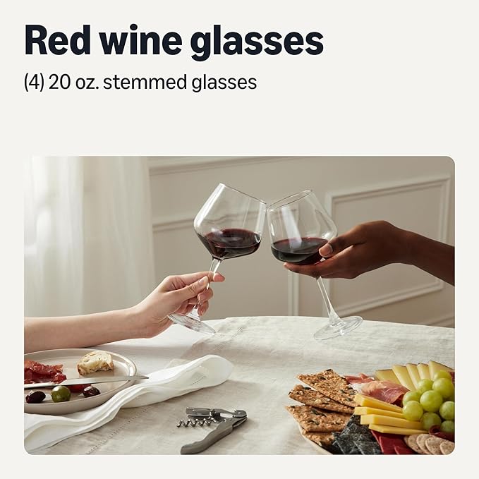Amazon Basics Stemmed Red Wine Glasses, 20 oz., Dishwasher-Safe, 4-Piece Set