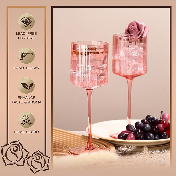 Pink Square Wine Glasses Set of 6, Elegant Ribbed Design Colored Crystal Glassware with Long Stem, 11.5oz Hand Blown Stemware For Red & White Wine Home Bar Party