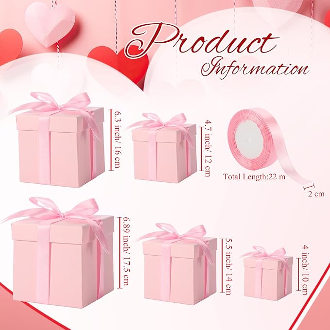 Cholemy 5 Pcs Square Nesting Boxes Decorative Gift Boxes with Lid and Ribbon Assorted Sizes Wrap for Wedding, Carnival, Anniversary, Birthday, Bridal Shower Party Gifts(Pink)
