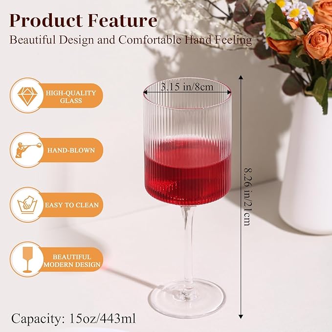 Ribbed Square Wine Glasses Set of 4 – 15oz Hand Blown Ribbed Design Wine Glasses, Unique Vintage Style Drinking Glasses, Red or White Glasses With Long Stem - For Mothers Day, Wedding, Birthday