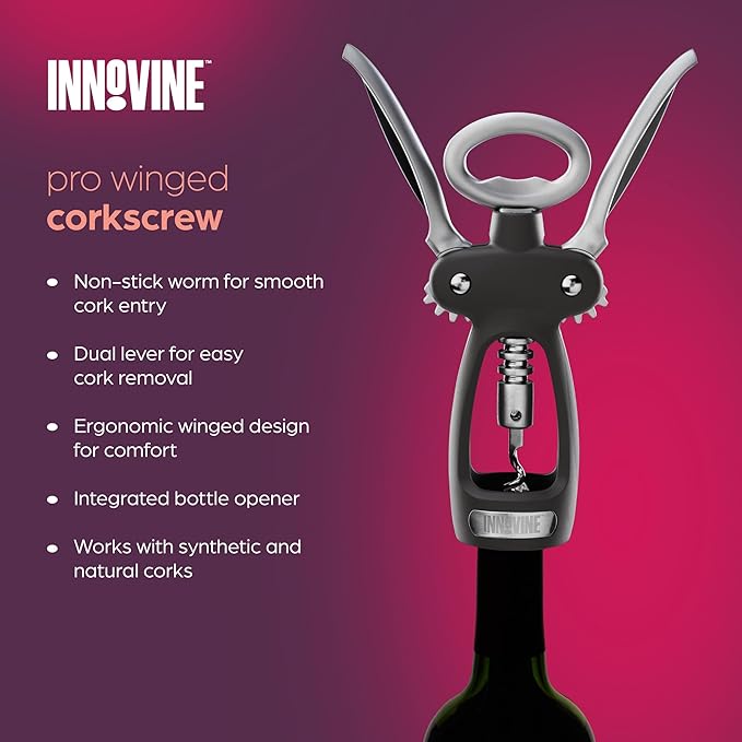 Innovine Pro Winged Corkscrew 3-Piece Wine Gift Set – Winged Corkscrew, 6-Blade Foil Cutter & Drip Stop Pour Spout – Easy Cork Removal, Foil Cutting, Drip-Free Pouring – Ideal for Home Bar & Gifting
