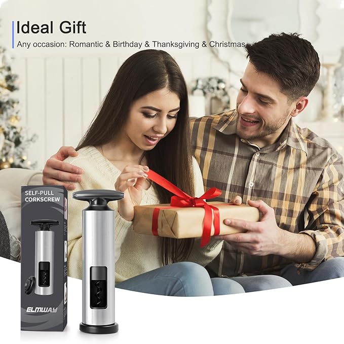 Effort-Saving Wine Opener by ELMWAY, Sleek Self-Pull Manual Corkscrew with Foil Cutter, Stainless Steel Body, Easy to Use & Eco-Friendly for Home & Parties - Silver