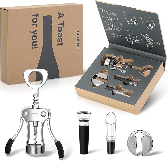Beneno Multifunctional Wine Bottle Opener Gift Wing Corkscrew, Foil Cutter, Vacuum Stopper & Aerator Pourer, Perfect for Wine Lovers Man Woman, Ingot Silver