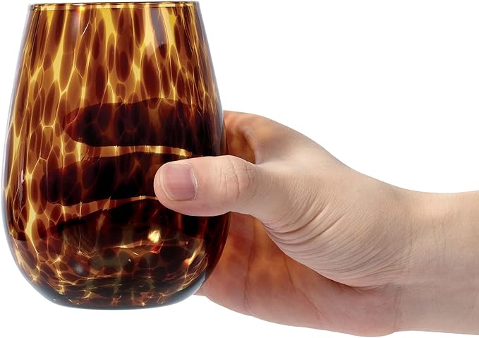 Joseph Sedgh Collection Tortoise Shell Stemless Wine & Water Glass Set of 4 – 16.91 oz Borosilicate Tumblers – Durable, Lead-Free, Dishwasher Safe – Gift Box Packaged