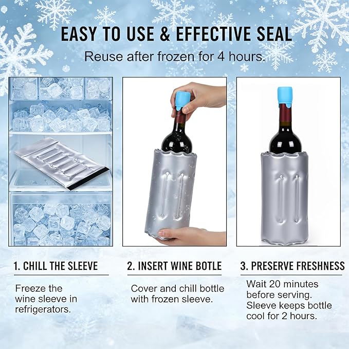 Wine Bottle Cooler Sleeve, Reusable Ice Wine Chiller for 750ml Bottles, Flexible Gel Ice Pack, Keep Wine Cold for Travel, Picnic Party
