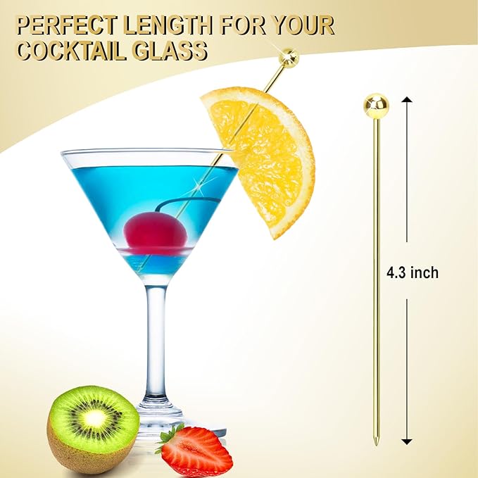 15PCS Gold Cocktail Picks for Drinks, Stainless Steel Fancy Cocktail Toothpicks, Reusable Metal Cocktail Skewers, 4.3 IN Party Garnish Sticks Martini Picks for Olives Appetizers Fruit Bloody Mary