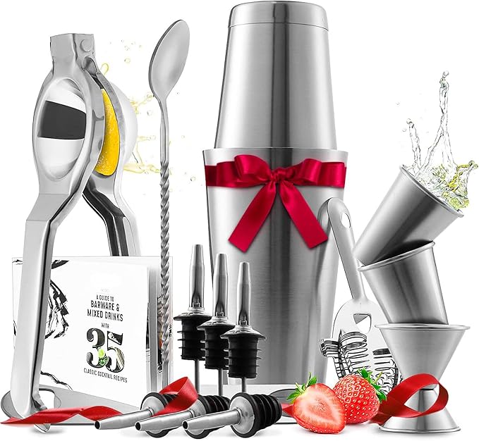 Bar Set Cocktail Shaker Set, Stainless Steel Mixology Bartender Kit, 16 Piece Cocktail Kit, Silver Cocktail Set, Bar Tools: 30oz Martini Shaker, Muddler, Bar Kit Cocktail Book, Jigger and Pourers