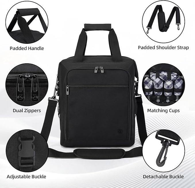 ALLCAMP 6 Bottle Wine Gift Bag - Insulated Tote Cooler, Adjustable Strap, Includes 6 Wine Glasses, Napkins & Corkscrew, Portable Travel Gifting(Black)